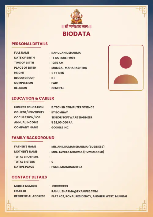 Elegant Art Deco Stationery Executive matrimonial biodata format for government employee and civil servant