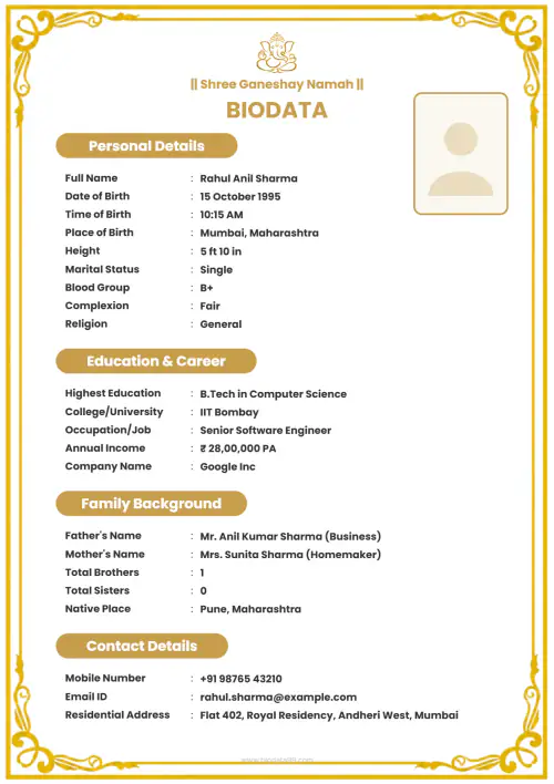 Classic Golden Frame Simple biodata for marriage with classic gold frame, printable A4 PDF