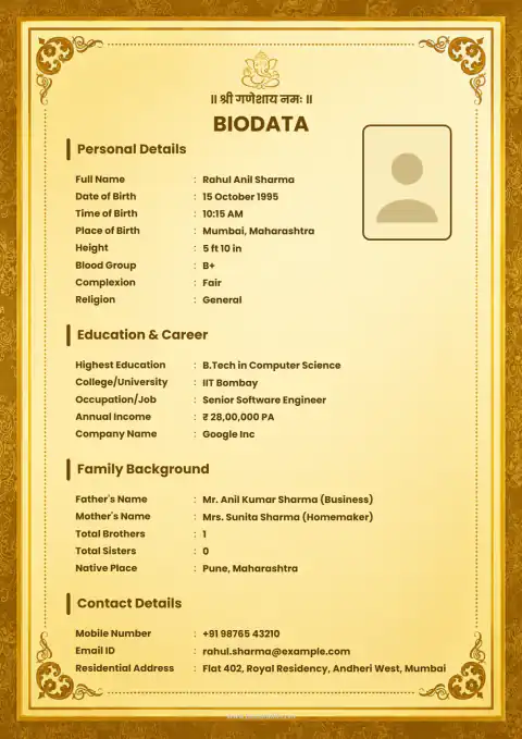 Black Gold Royal Frame Premium marriage biodata format for NRI grooms and brides with international work details