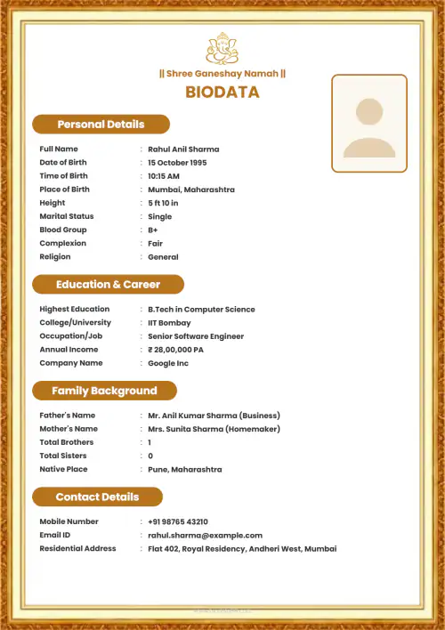 White Gold Premium Minimalist marriage biodata format with white and gold border for software engineer
